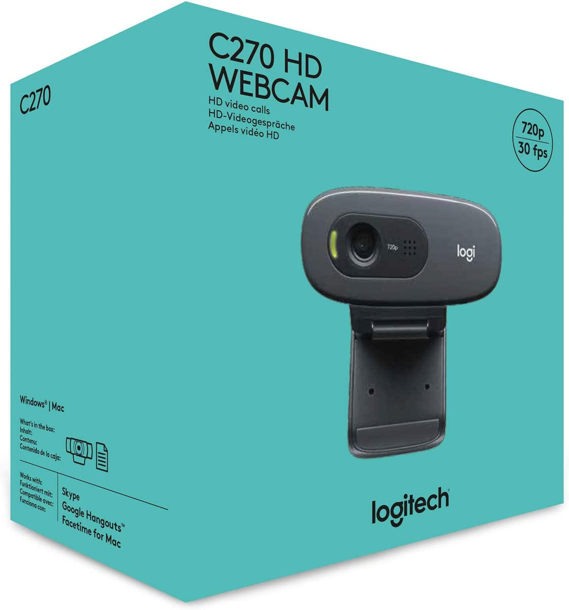 Logitech C270 HD Webcam, HD 720p/30fps, Widescreen HD
