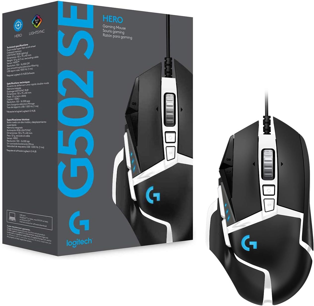Logitech G502 HERO Special Edition High-Performance Wired Gaming Mouse, 25K HERO Sensor, 25600 DPI, RGB, Adjustable Weight, 11 Programmable Buttons, PC/Mac - Black and White