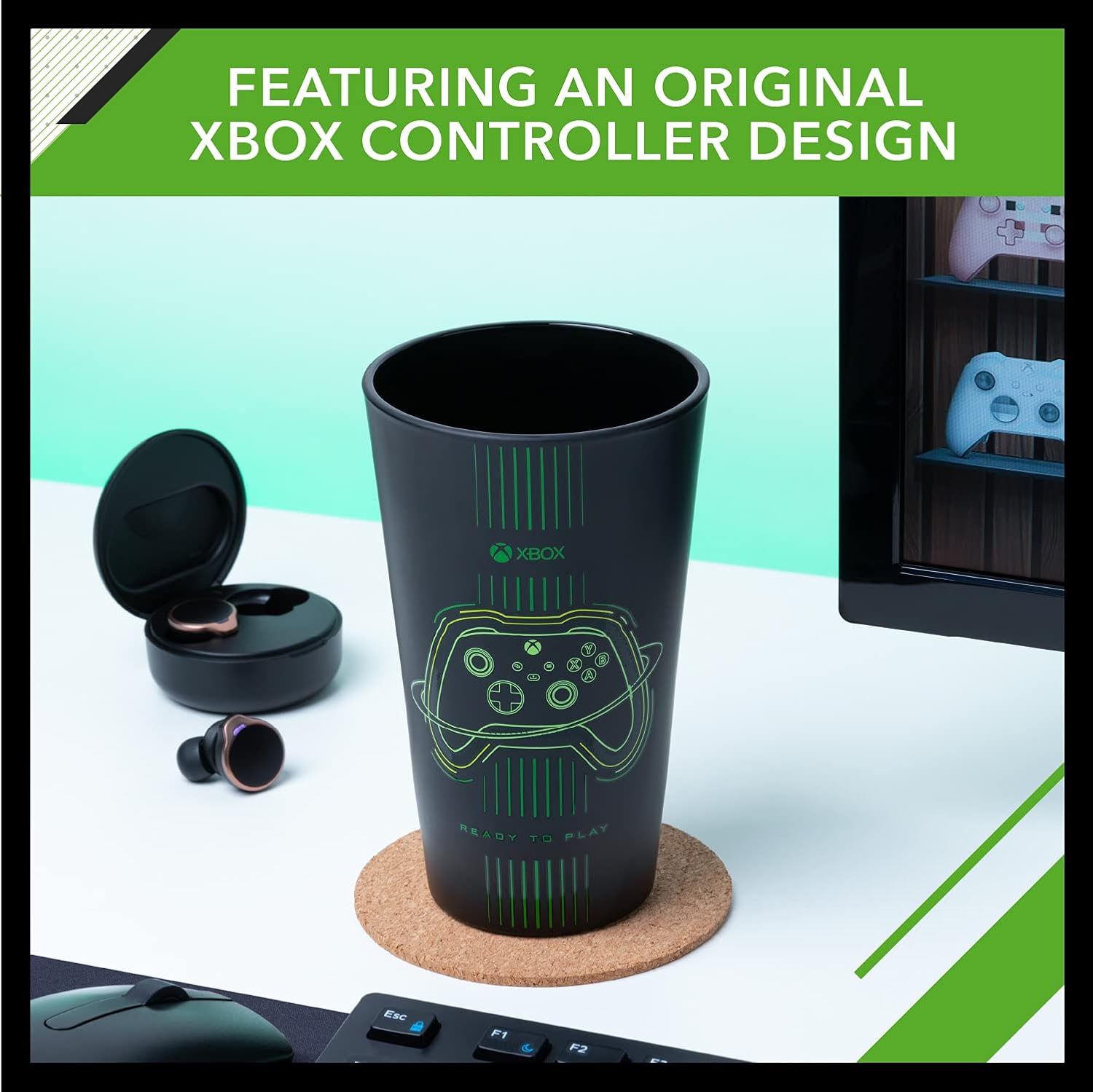 Paladone Xbox Drinking Glass - Officially Licensed Matte Black and Green Tumbler for Cold Drinks, Featuring Original Xbox Controller Design 5